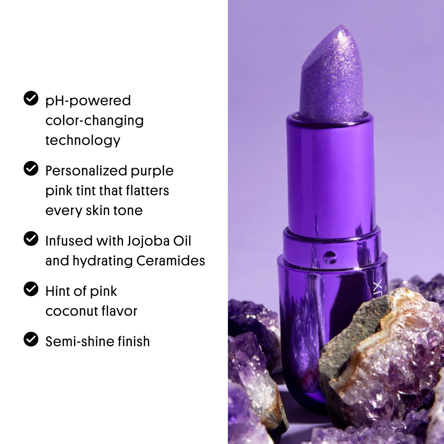 Winky Lux Amethyst Glimmer Balm – Nourishing pH Lip Balm with Color Changing Tint, Hydrating Ceramides Soften Lips, Coconut Scent