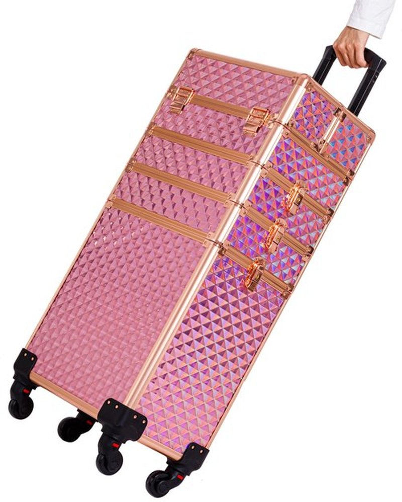 AROUS Rolling Makeup Train Case Large Storage Cosmetic Trolley 4 in 1 Large Capacity Trolley Makeup Travel Case with Key Swivel Wheels Salon Barber Case Traveling Cart Trunk, Pink