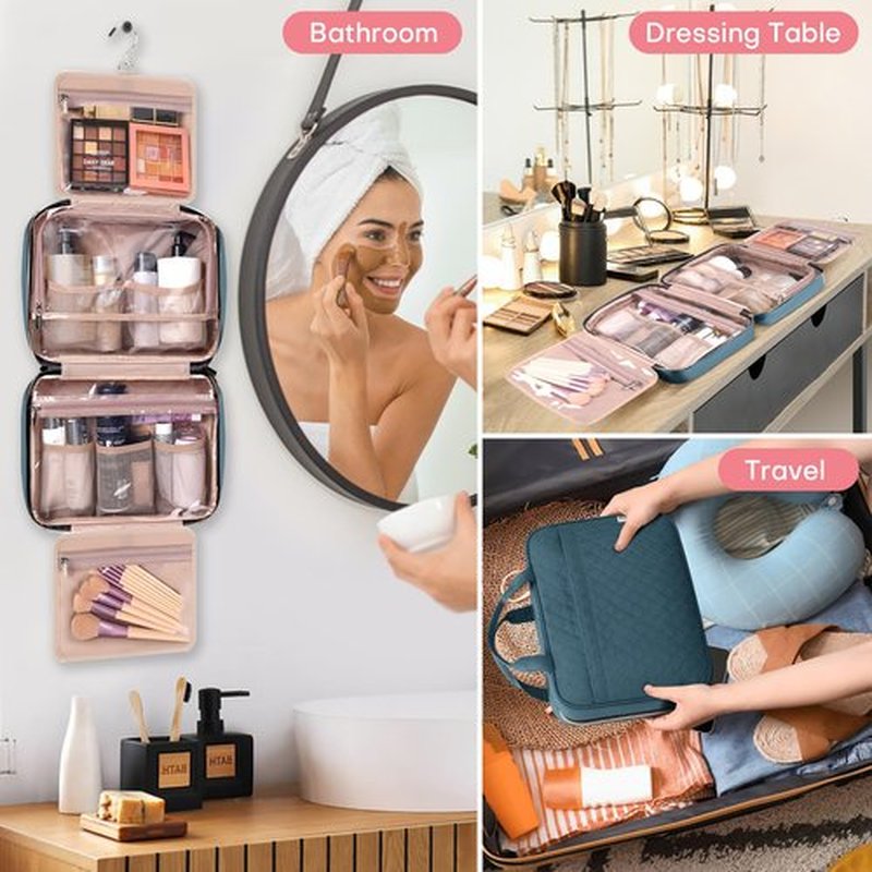 HXLGMD Travel Toiletry Bag for Women, Portable Makeup Cosmetic Bag with Hanging Hook, Travel Essentials 3 in 1 Packing Organizer Travek Bag for Accessories, Shampoo, Full-size Container, Toiletries