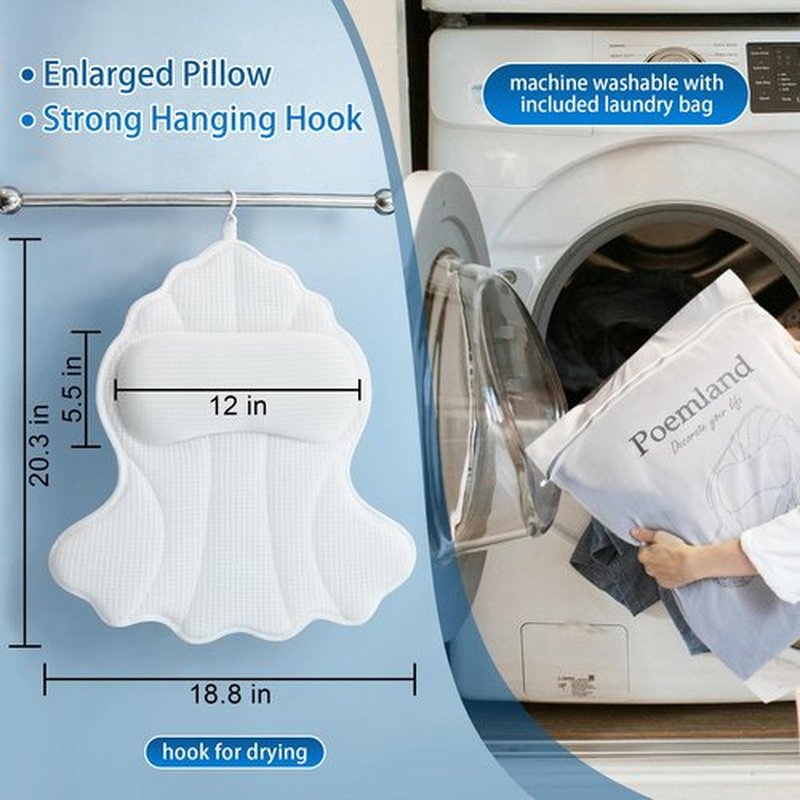 Poemland Bath Pillow for Tub, Luxury Bath Pillow Soft 4d Mesh, Bathtub Pillow for Soaking tub with 6 suctions Cups, Bath Tub Pillows for Head and Neck Support, for Relaxing Spa (White)