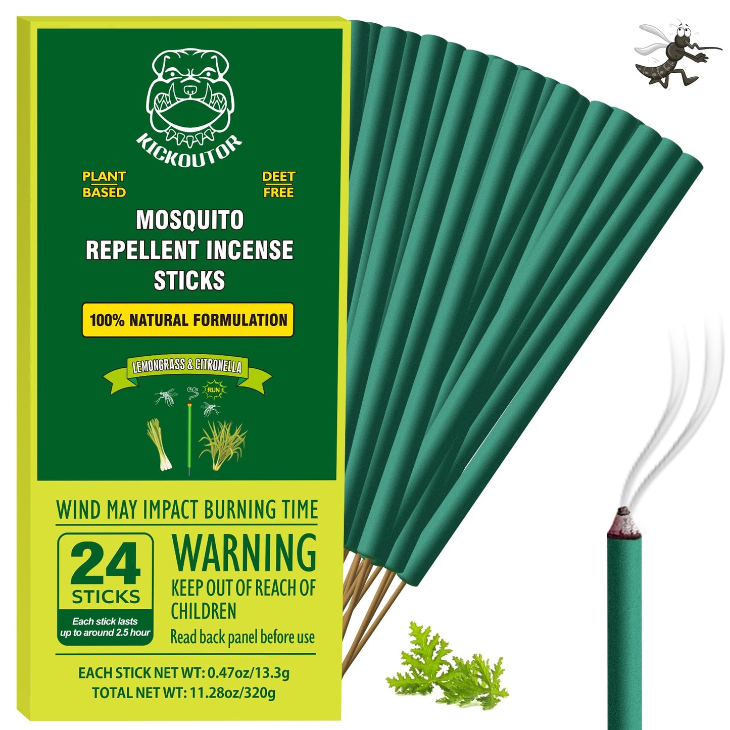 KICKOUTOR Mosquito Repellent Incense Sticks with Natural Citronella Oil, 24 Count DEET-Free Outdoor Protection for Patios, Backyard Gatherings & Camping, Up to 2.5-Hour Against Gnats & No-See-Ums
