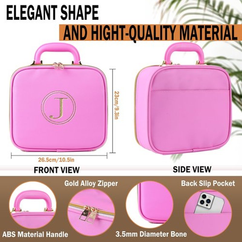 Makeup Travel Train Case with Mirror, LED Light, 3 Adjustable Brightness Levels, Cosmetic Bag with Handle, Portable Storage, Adjustable Partition, Waterproof, Monogrammed Gift Makeup Bag for Women