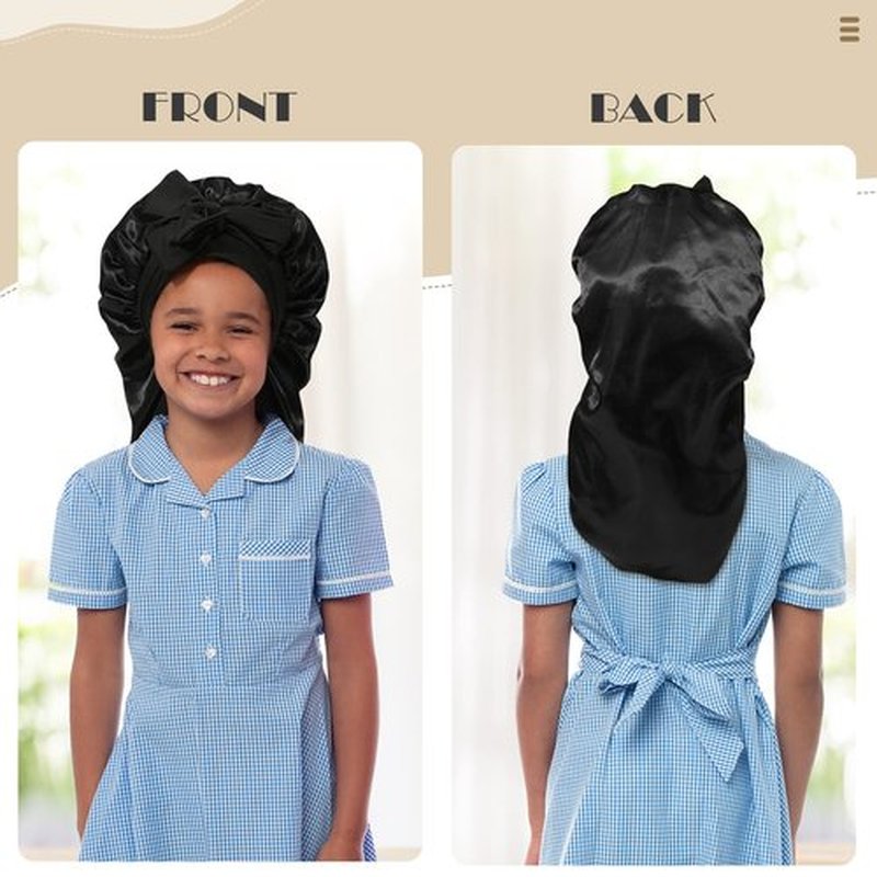 Kids Long Hair Bonnet for Sleeping - Double Layer Girls Elastic Satin Bonnet with Tie Band for Braid Curly Hair(Black)