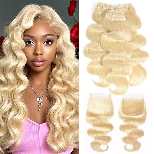 613 Bundles with Closure Blonde Human Hair Bundles with Closure （16 18 20+14）- 12A 100% Brazilian Virgin Hair Bundles with 4x4 Transparent Lace Closure, Body Wave Bundles with Closure