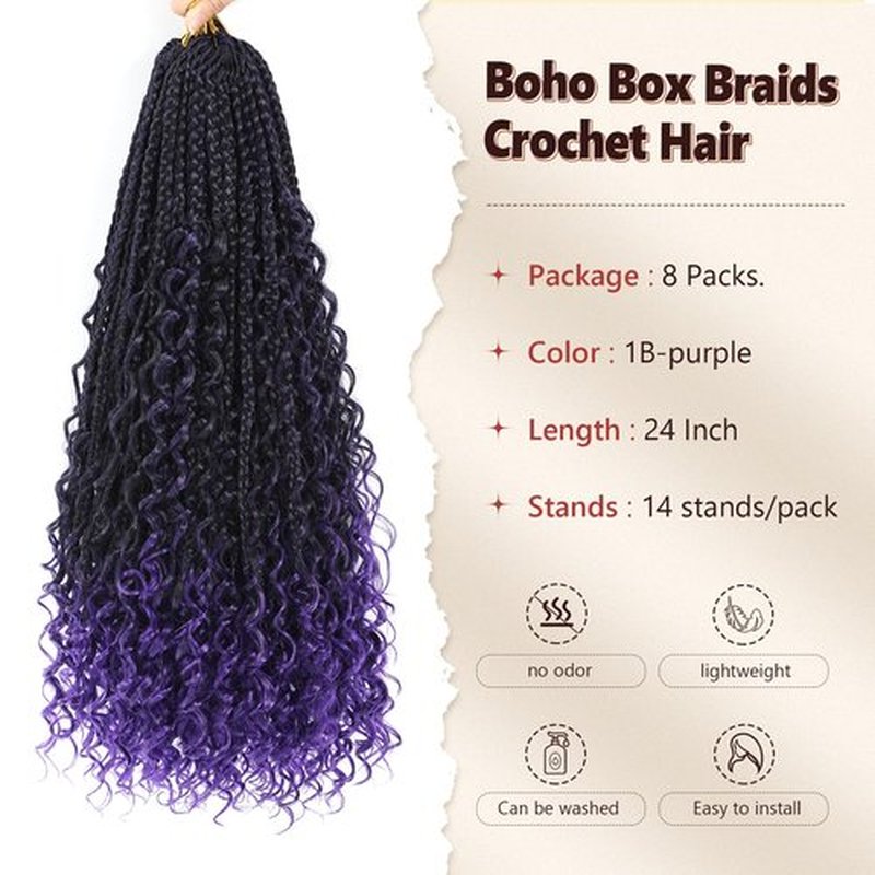 Boho Box Braids Crochet Hair 8 Packs Boho Crochet Braids Pre Looped 1B/Purple Goddess Box Braids Crochet Hair for Black Women 24 Inch Boho Braids Crochet Hair Extension