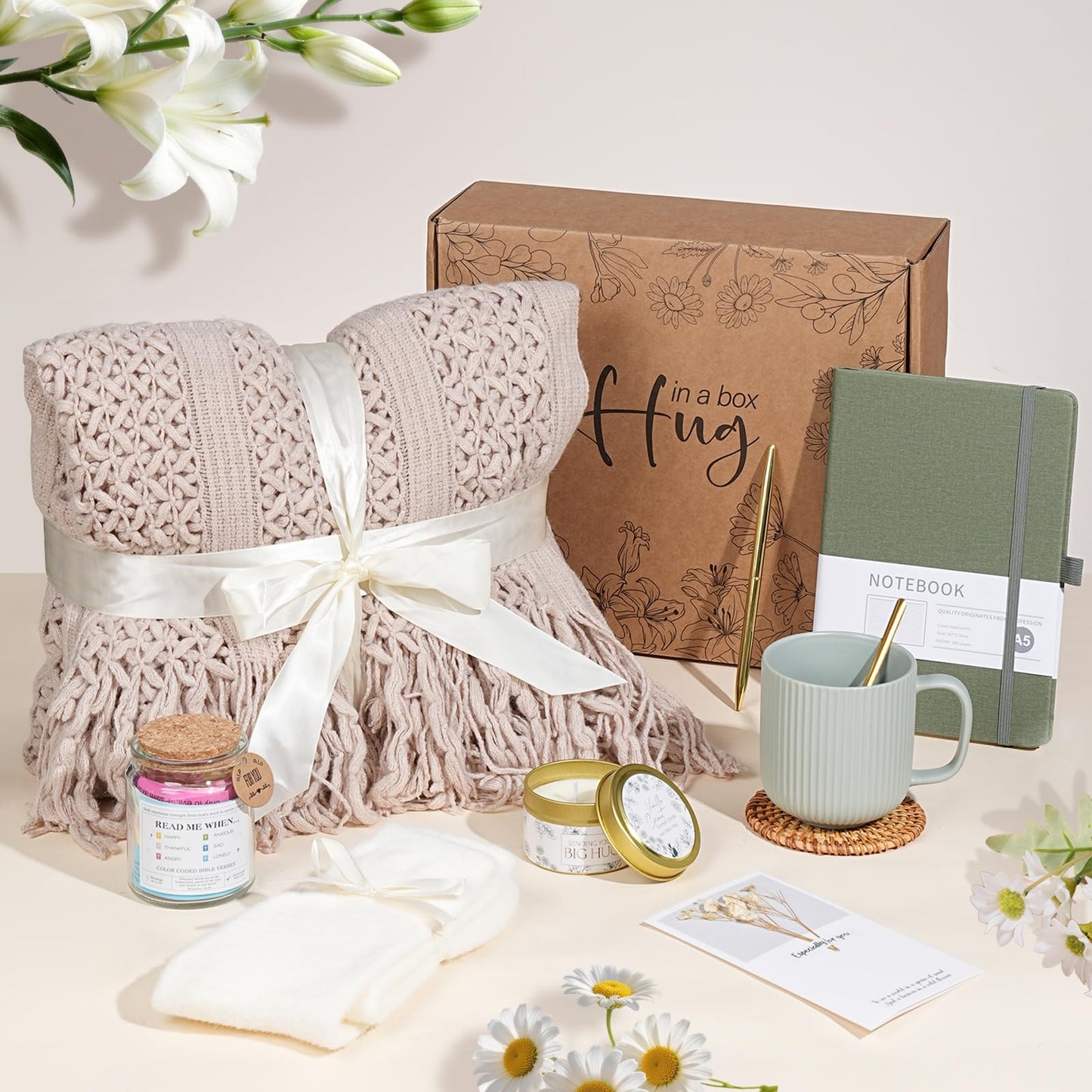 GreenPastures Self Care Gifts for Women, Get Well Soon Baskets, Spa Gift Basket Care Package with Blanket Mug Lavender Scented Candle Bible Verse Jar, Birthday Gifts for Mom Friend Sister
