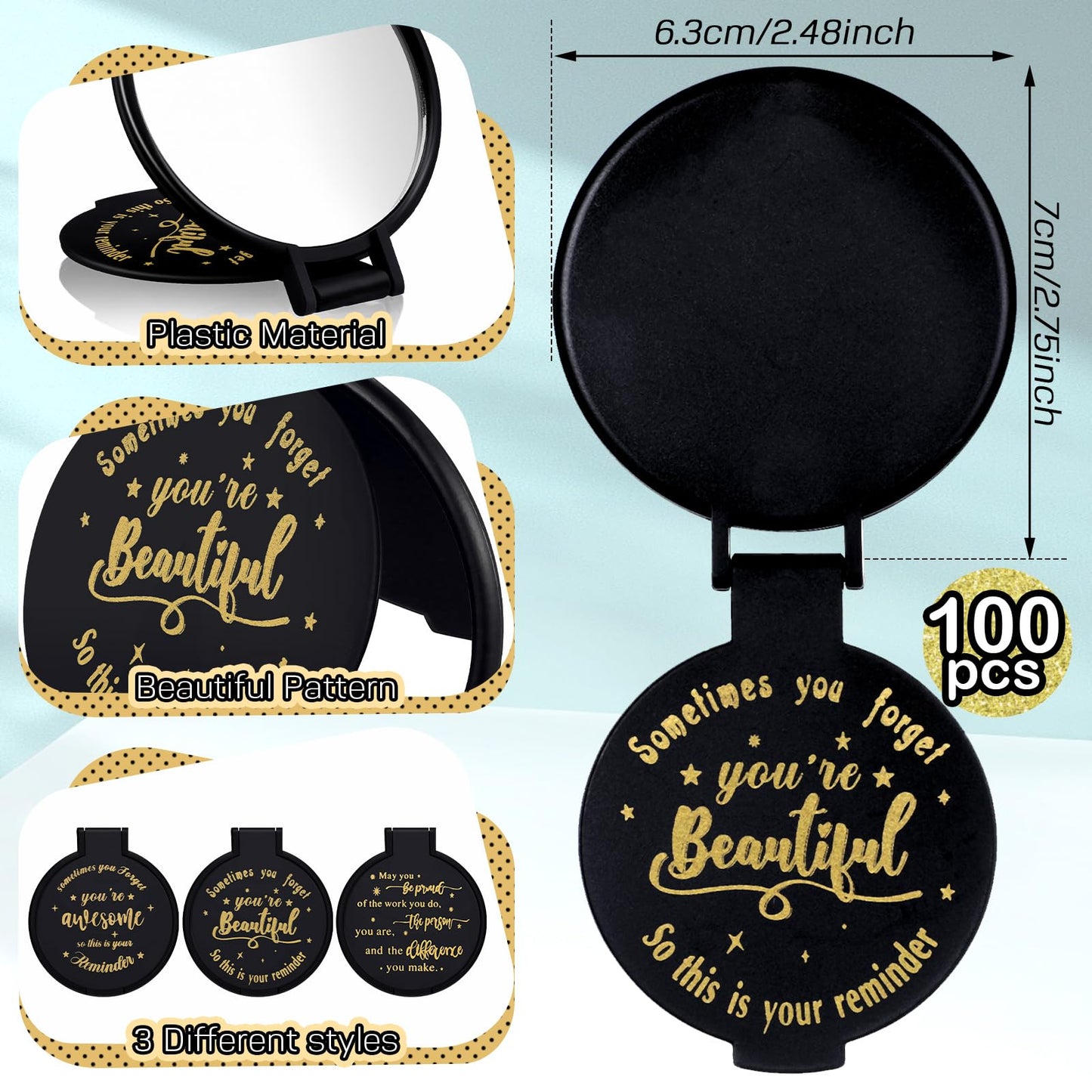 Wenqik 100 Pcs Inspirational Mini Compact Mirrors Bulk, Women Small Gifts Bulk, Group Team Party Favors, Mini Pocket Purse Mirror for Travel, Client, Guest, Wedding, Birthday, Cheerleader (Black)