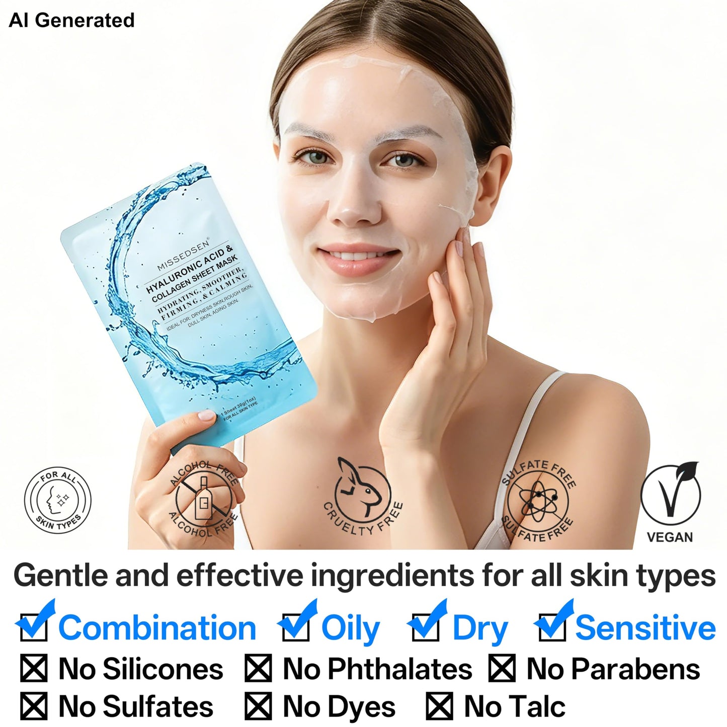 MISSEDSEN Collagen Face Mask with Hyaluronic Acid, Vitamin E Oil for Skin Care Hydrating, Moisturizing, Brightening & Anti Aging Face Masks Skincare for Oil, Dry, Acne, Sensitive All Skin Types 12PCS