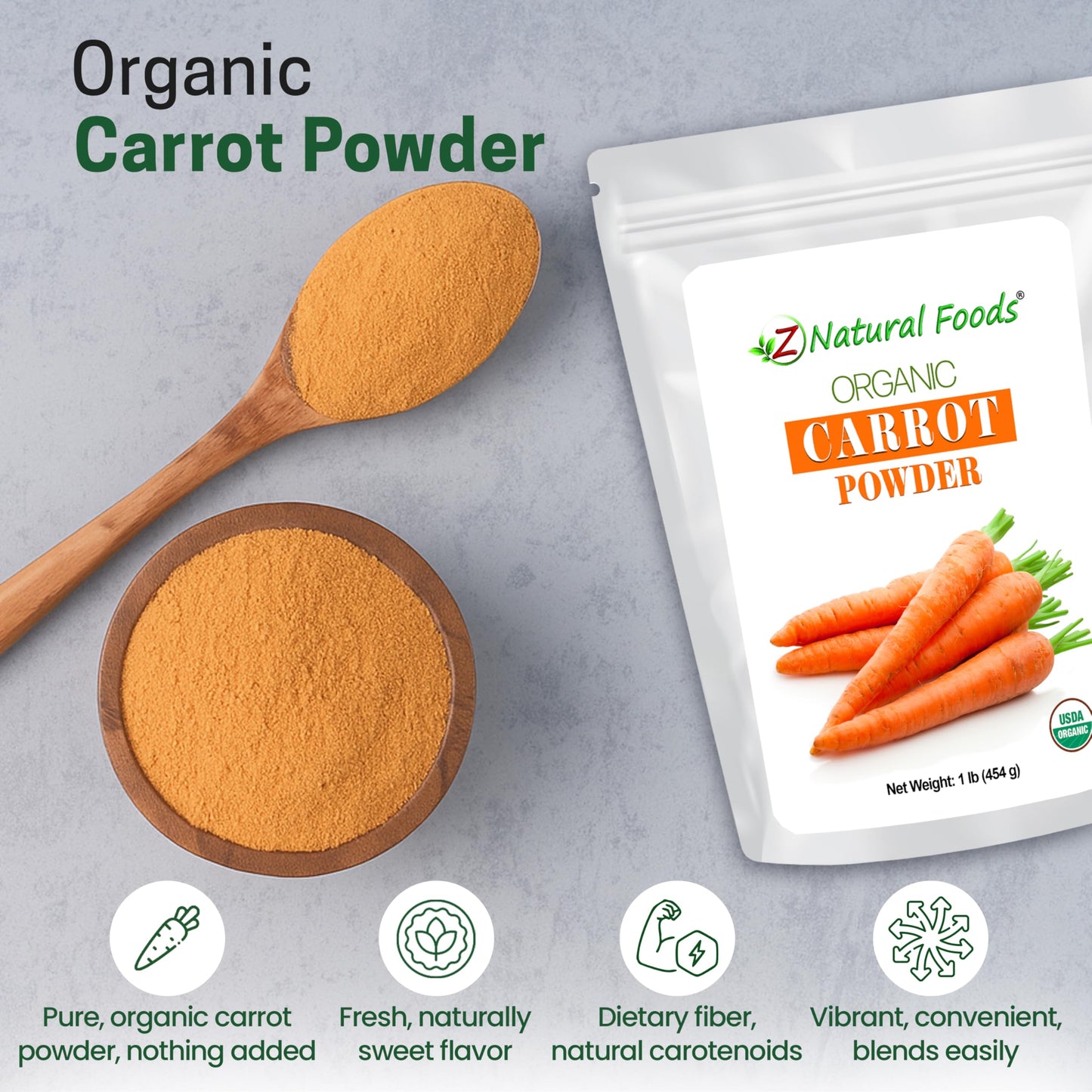 Z Natural Foods Organic Carrot Powder, Natural Superfood Powder for Vision and Heart Health, Great in Juices, Smoothies, and Recipes, Non-GMO, Vegan, Gluten-Free, Kosher, 1 lb.