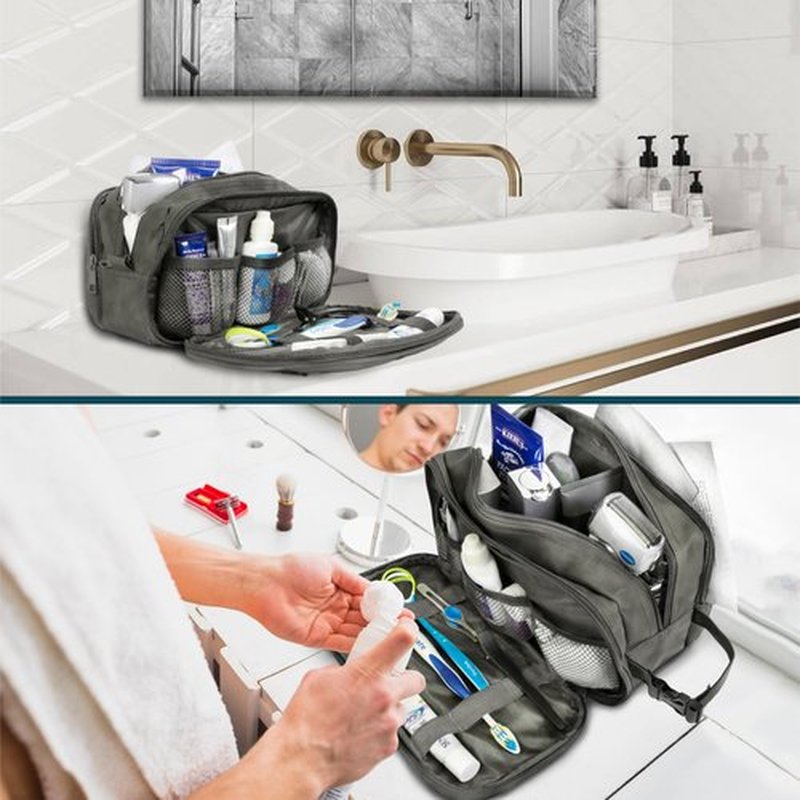 PAVILIA Toiletry Bag for Men, Travel Toiletries Bag | Water-resistant Dopp Kit, PU Leather Shaving Pouch Organizer for Accessories, Cosmetic, Hygiene, Grooming Essentials (Dark Gray)