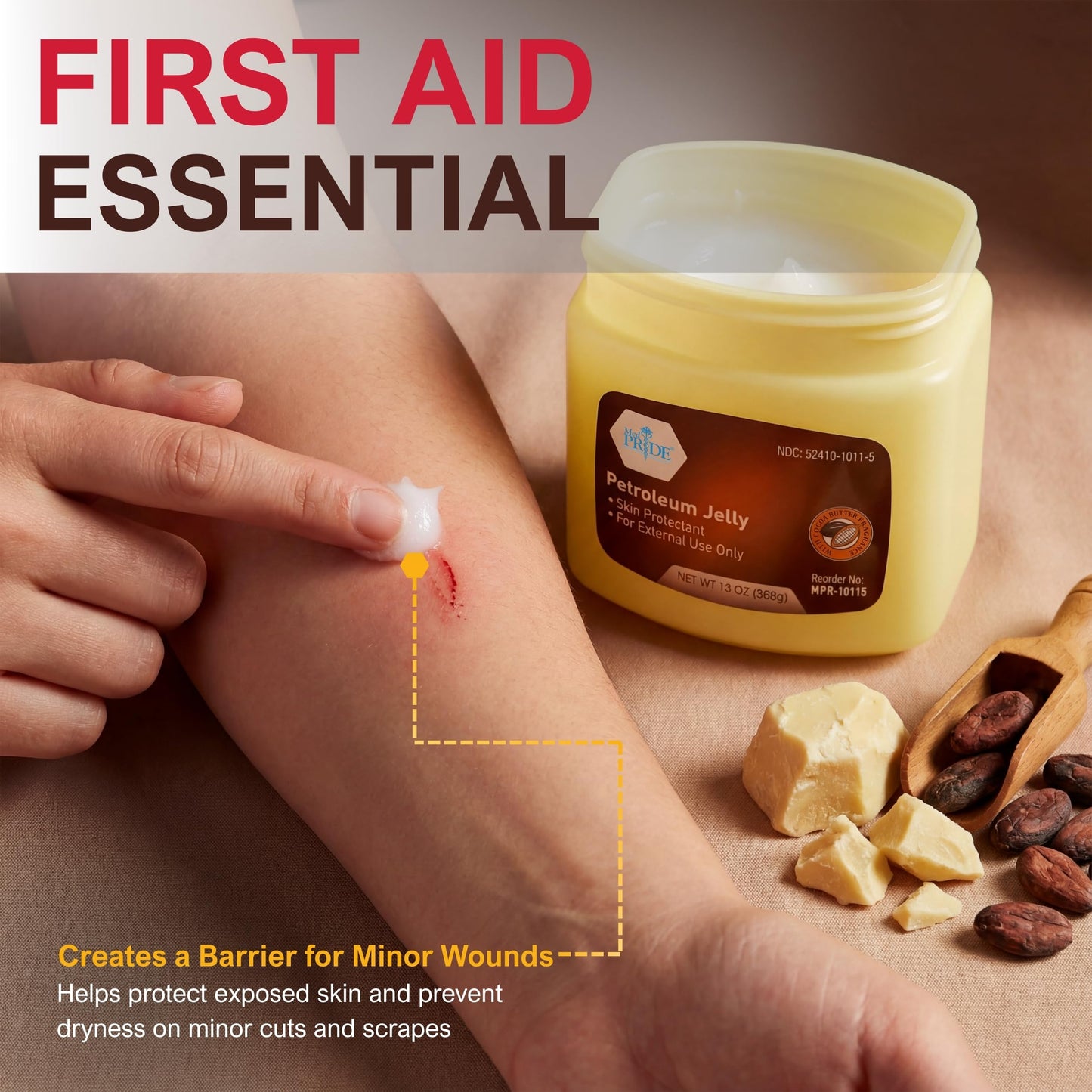 MED PRIDE Cocoa Butter Petroleum Jelly, 13 oz - Moisturizing Skin Protectant for Dry Skin, Cracked Hands, Chapped Lips, Rough Heels & Minor Cuts - Hypoallergenic Cocoa Scented Ointment