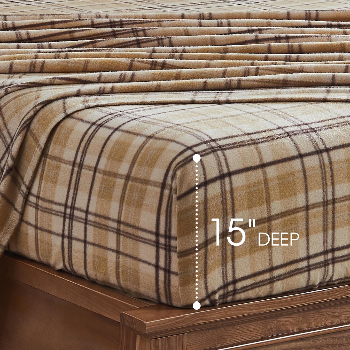 HYPREST Flannel Sheets King Size, Plaid Sheets Double Brushed, Camel Beige Plaid Warm Bed Sheets Winter Fuzzy Bedding