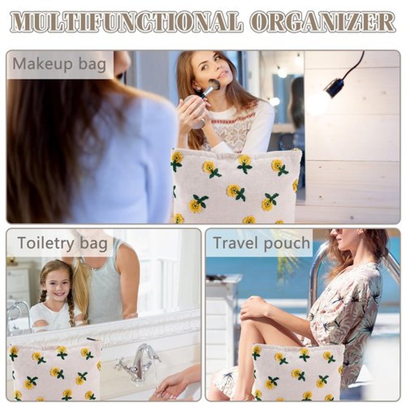 ZLFSRQ Daisy Flower Makeup Bag Travel Cute Floral Cosmetic Bags for Women Large Floral Embroidery Makeup Pouch Zipper Cosmetic Pouch for Purse Aesthetic Makeup Organizer Bag Portable Toiletry Bag