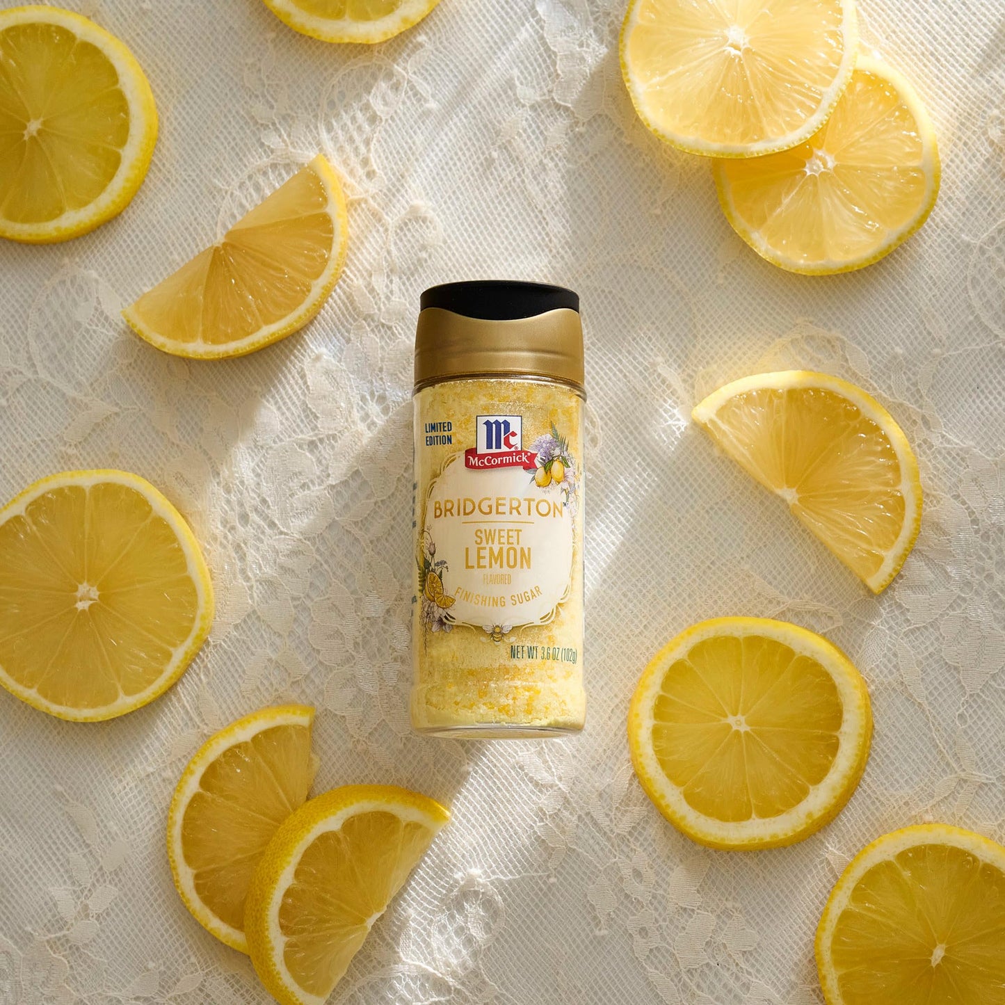 McCormick Bridgerton Finishing Sugar, Sweet Lemon, Limited Edition, Exquisite Lemon Flavor, For Elevating Baked Goods and Beverages, Garnishing, and More, 3.6 oz