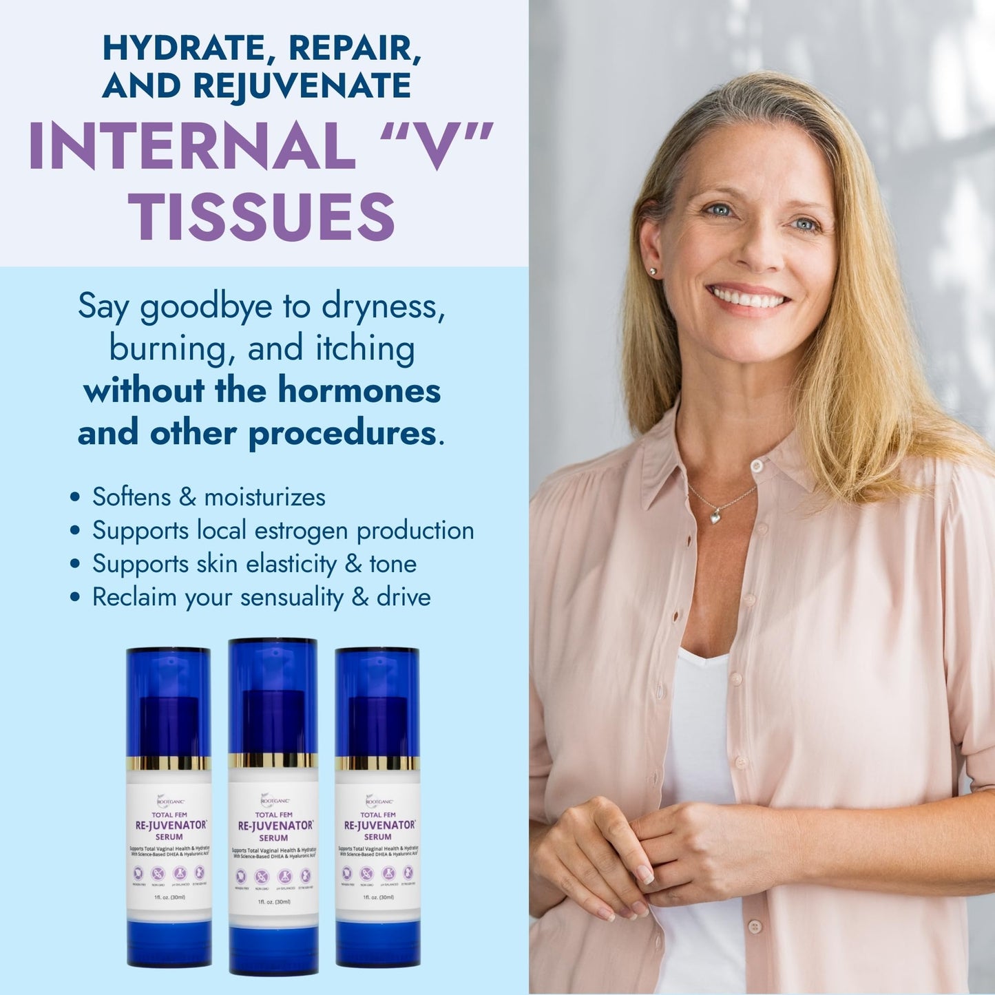 Rootganic Total Fem ReJuvenator Serum - Internal Vaginal Moisturizer with DHEA and Hyaluronic Acid - Hormone-Free Intimate Vaginal Support for Menopause, Postpartum and More - 30ml
