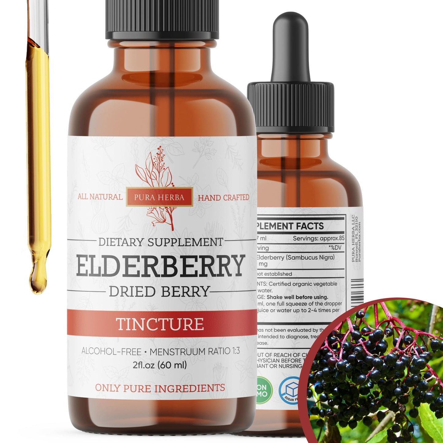 Pura Herba Elderberry Tincture – Organic Elderberry Extract Liquid Drops – Sambucus Herbal Supplement – Immune Support – Elderflower & Elderberry Blend – Alcohol-Free, 2 fl oz
