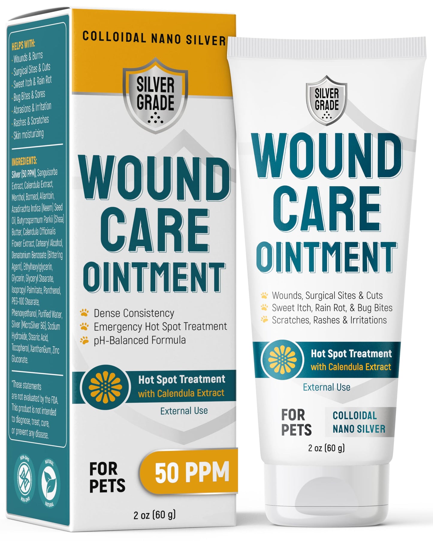 SILVER GRADE Dog Wound Care Ointment with Silver & Calendula for Scratches, Irritations, Bites – Feline & Canine Hot Spots Treatment in a Gel Form – Wound Antibiotic Ointment for Dogs & Cats – 2 Oz