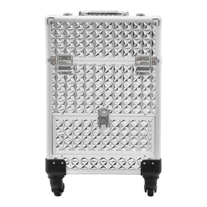 Rolling Makeup Train Case Cosmetic Box Portable Makeup Case Organizer with 7 Compartments and a Drawer Makeup Storage with Lock for Cosmetologist Aesthetic Supplies Traveling Makeup Box, Sliver