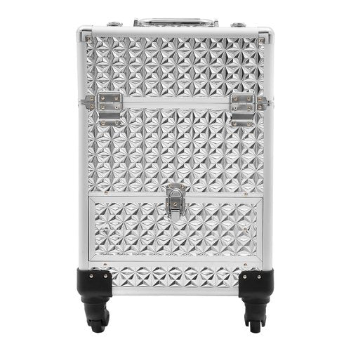 Rolling Makeup Train Case Cosmetic Box Portable Makeup Case Organizer with 7 Compartments and a Drawer Makeup Storage with Lock for Cosmetologist Aesthetic Supplies Traveling Makeup Box, Sliver
