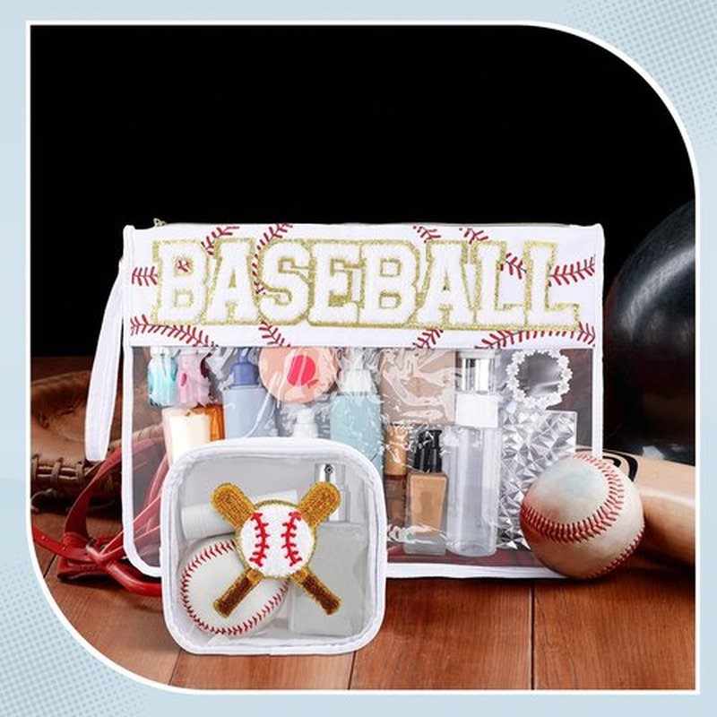 Hillban 2 Pcs Baseball Gifts Chenille Letter Bags Baseball Makeup Bag Baseball Party Survival Kit Bag Cosmetic Clear Toiletry Pouch Waterproof Travel Purse Portable Storage Organizer for Women