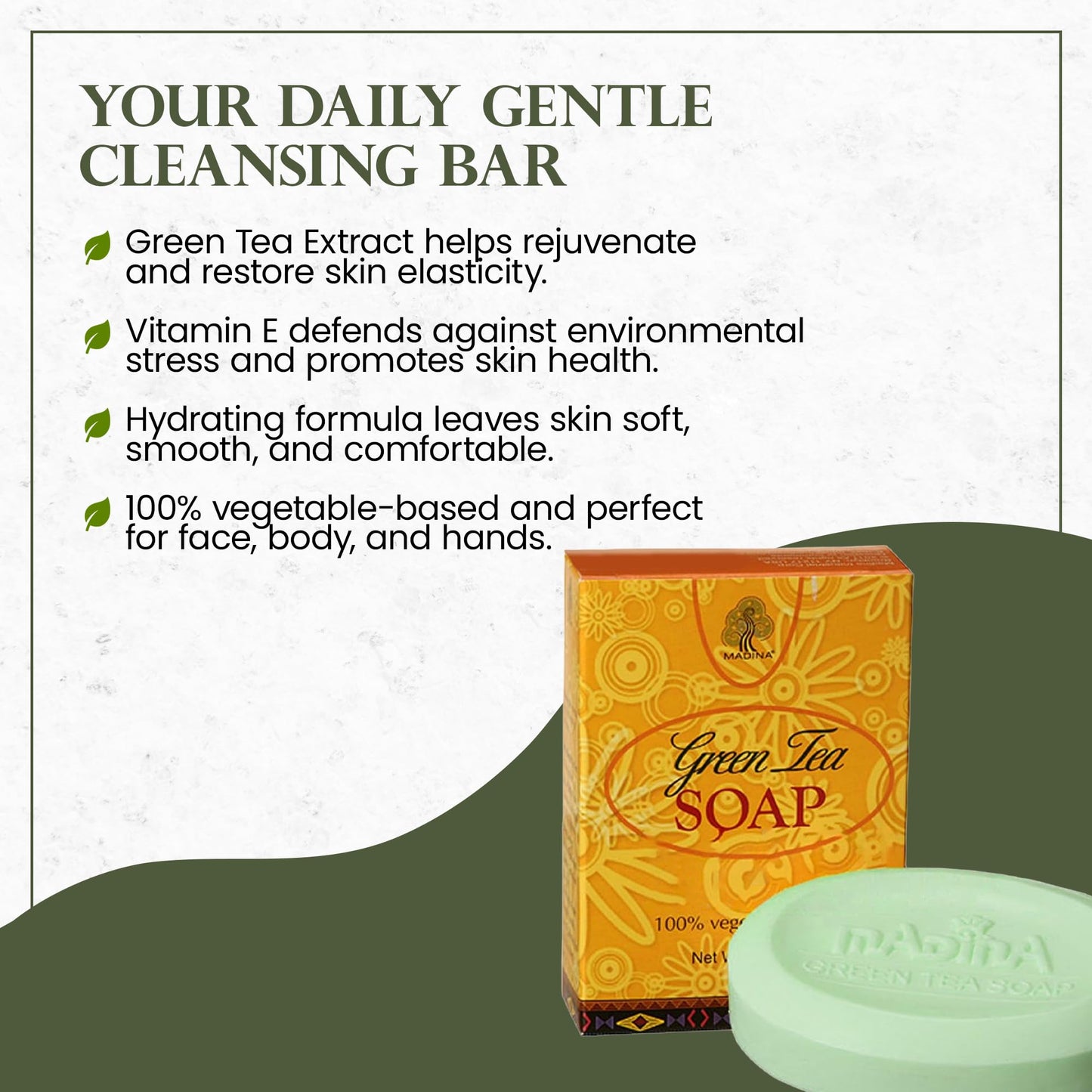 Madina Green Tea & Vitamin E Soap Bar – Antioxidant, Moisturizing, Hydrating, Skin Rejuvenating, Gentle Daily Cleanser, Vegetable-Based, For All Skin Types, 6 Pack (3.5 oz Each)