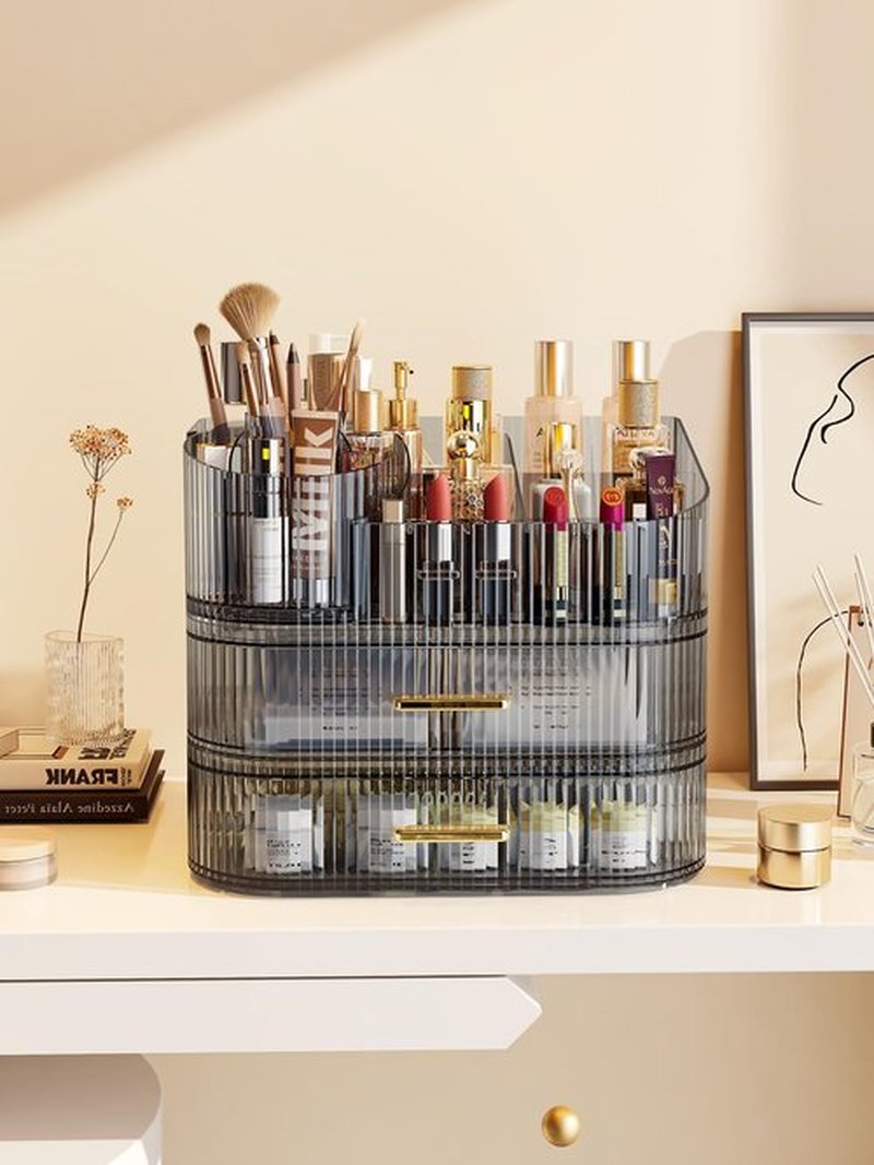 MIUOPUR Makeup Organizer with Rotating Makeup Brush Holder, Stackable Drawers for Bathroom Organizers and Storage, Make up Organizers for Vanity, Great for Cosmetics, skincare, Lipsticks -Black