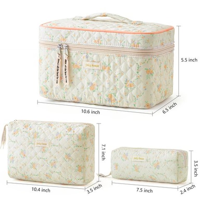 HBselect Quilted Makeup Bag, 3PCS Cotton Large Travel Makeup Bag, Cute Floral Coquette Make up Bag Cosmetic Bag Toiletry Bag for Women Girls