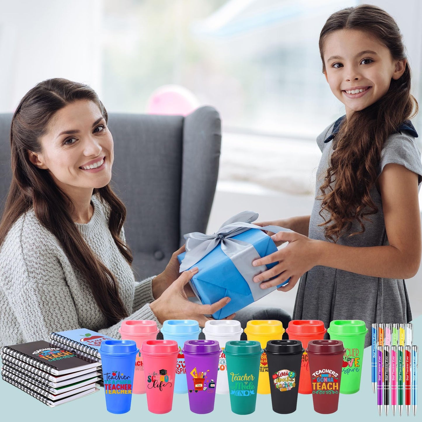 Skylety 36 Pcs Teacher Appreciation Gift Bulk, End of Year Thank You Gifts, 16 oz Reusable Plastic Coffee Cup with Lid, Inspirational Notebooks and Ballpoint Pens for Graduation Office(Teacher Life)