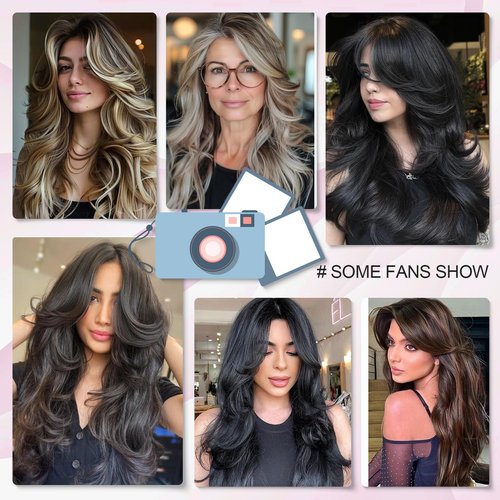 Jolelyne Silver Gray Ombre Wigs Layered Wavy Wig with Curtain Bangs for White Women Light Grey Body Wave Wig Natural Long Hair Wig for Women Synthetic Silver Highlight Gray Wig