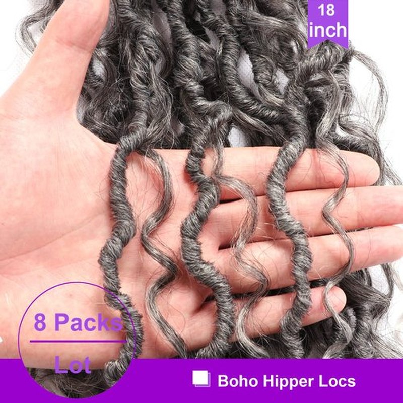 8 Packs Goddess Locs Crochet Hair 18 Inch Faux Locs Crochet Hair for Black Women Pre Looped Soft Locs with Curly Ends (18 Inch (Pack of 8), #1B/Gray)