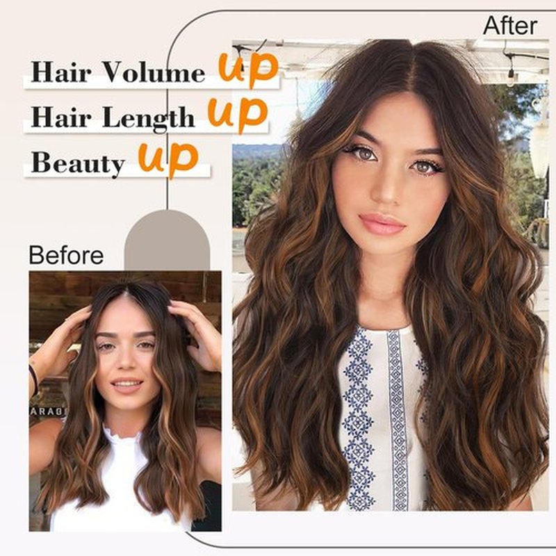 AISI BEAUTY Long Wavy Dark Brwon with Auburn Hair Extensions Clip in Synthetic Hair Extensions for Women 20 Inch 4PCS Thick Blonde Hairpiece（Dark Brwon with Auburn）