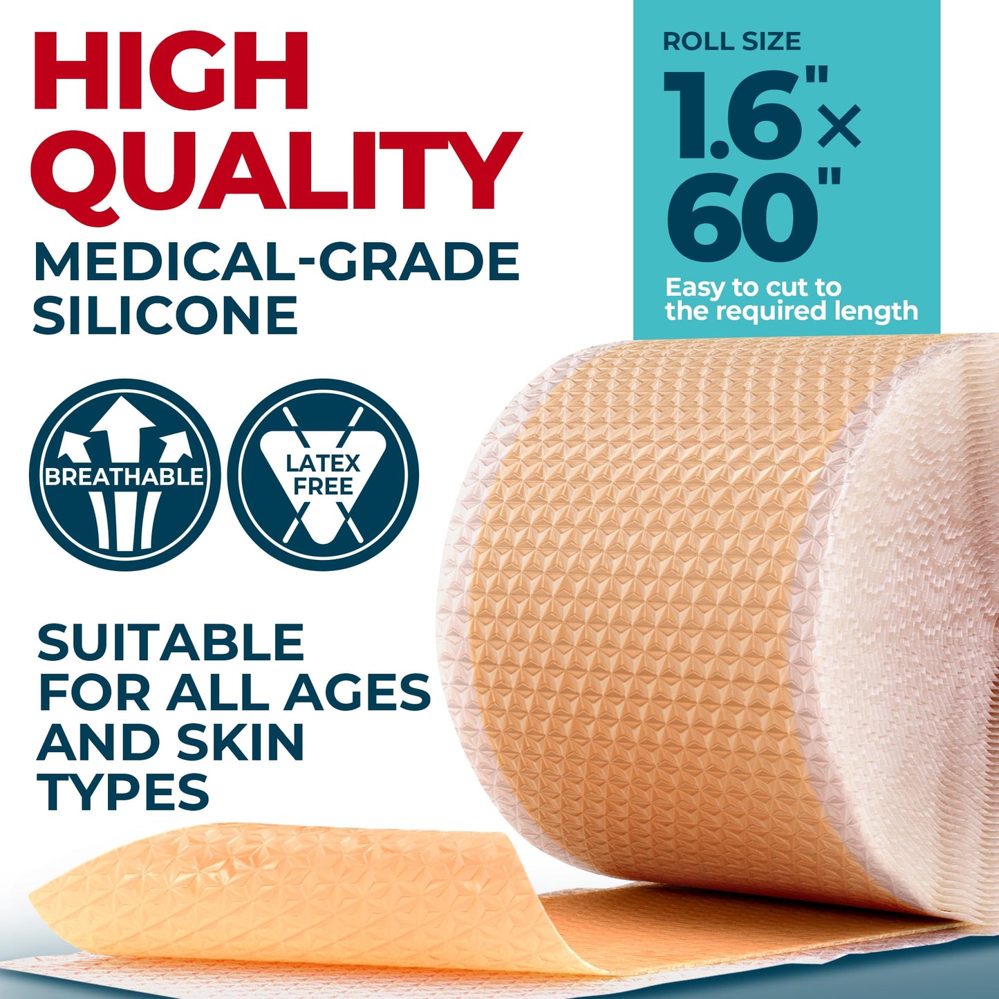 Medical Grade Silicone Scar Tape - 1.6”x60” - Visible Difference on Surgical & Keloid Scars - Reusable Silicone Scar Sheets - Easy to Use Silicone Tape for Scars