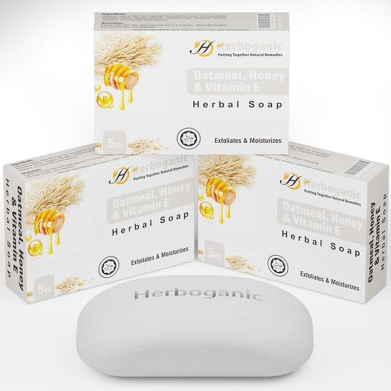 HERBOGANIC Oatmeal, Honey and Vitamin E Herbal Soap | Pack of 3 of 5oz soap Bar | Natural Bar Soap for Face and Body | Hydrating and Nourishing | Suitable for Men and Women