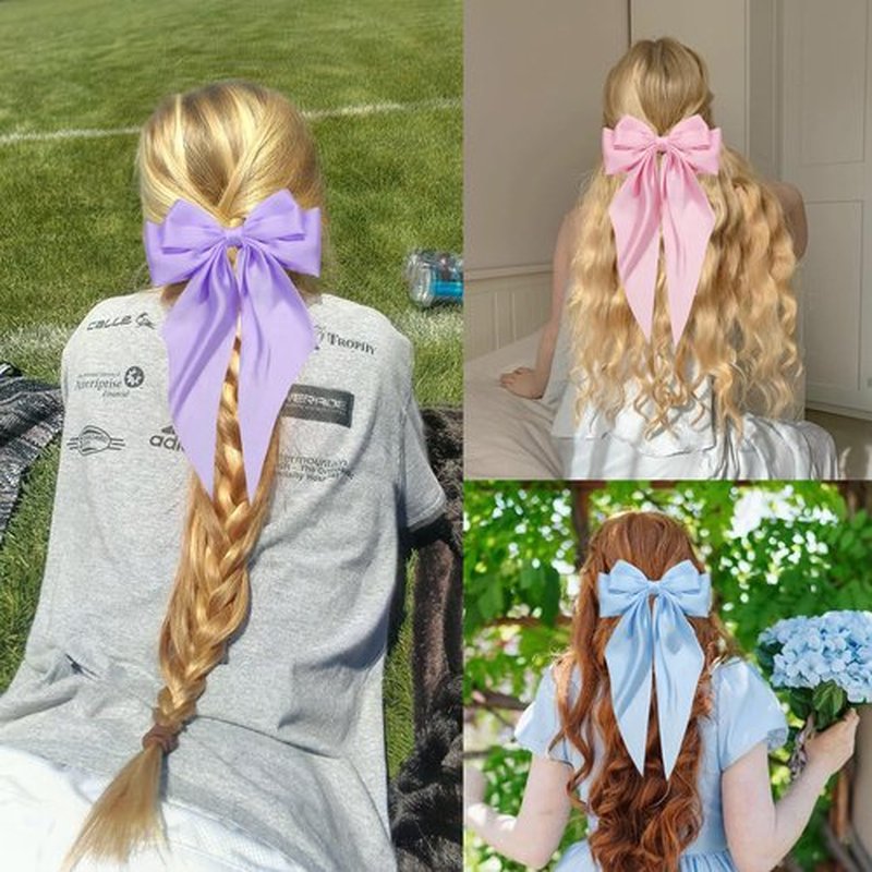 Hair Bows for Women Girls Silky Satin Big Bows Hair Barrettes Oversized Hair Accessories Long Tail Hair Ribbons -3Pcs -Sky Blue Pink Lilac