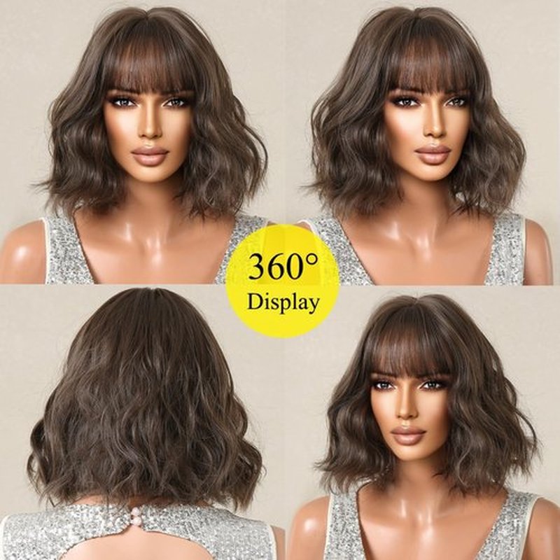 Allbell Brown Wigs for Women Short Wavy Bob Wig with Bangs for Women Synthetic Short Curly Wave Wigs Heat Resistant Fiber Hair Wigs for Daily
