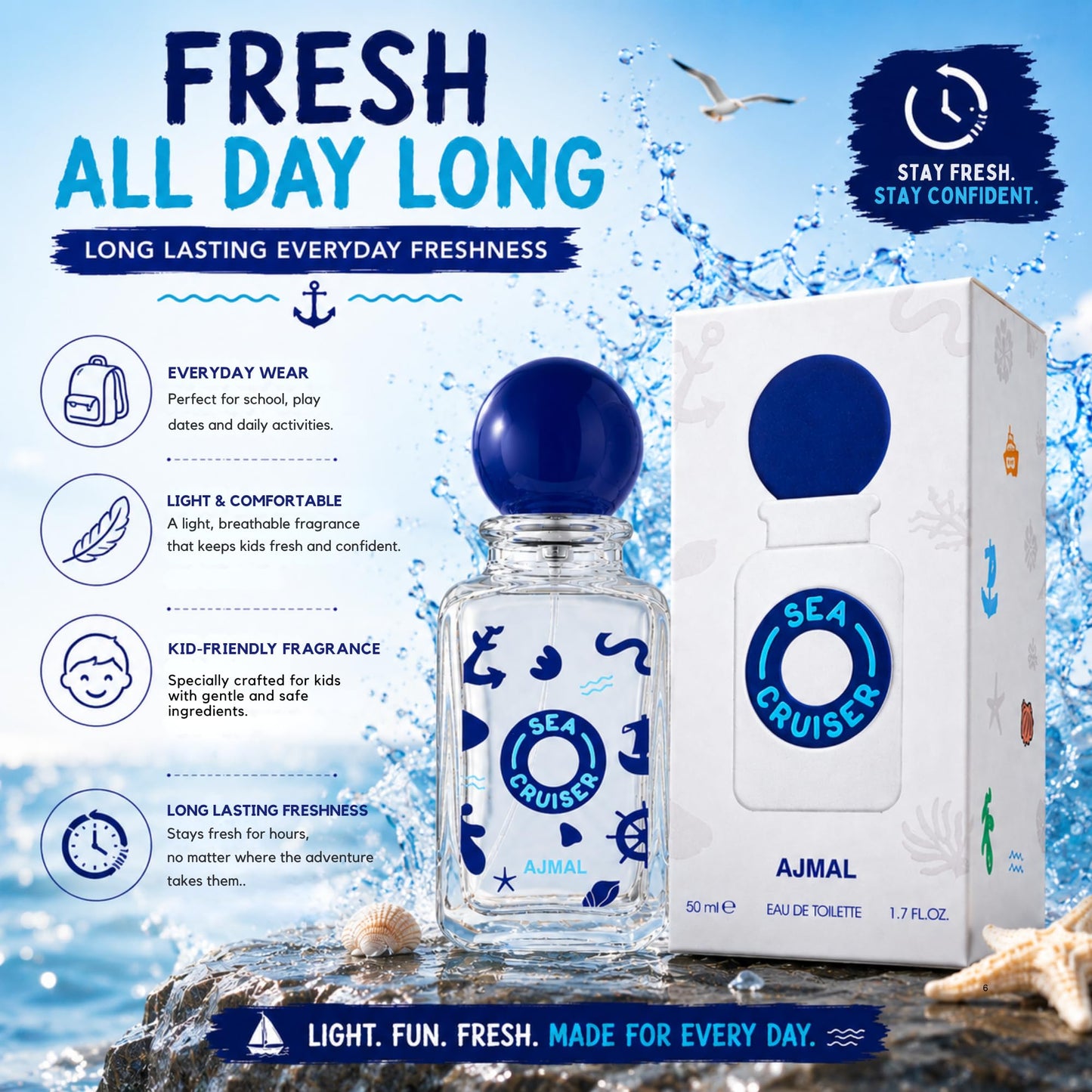 Ajmal SeaCruiser Perfume for Boys, 1.7 fl oz / 50 ml, Fresh Spicy Woody Fragrance with Lemon & Black Pepper, Everyday Kids Perfume, Made in Dubai