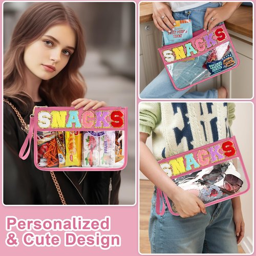TESAFNG Snack Bag for Travel - Clear Chenille Varsity Letter Flat Pouch with Zipper, Waterproof Clear PVC&PU Preppy Patch Makeup Cosmetic tote Bags for Women Girls (Rose-Snacks)