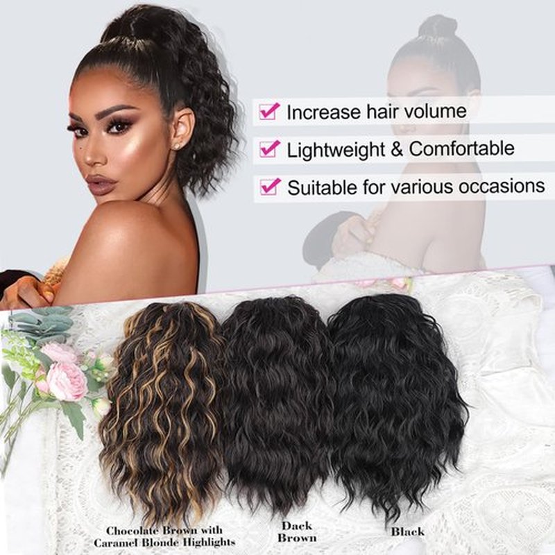 QGZ Curly Ponytail Extension 14 Inch Drawstring Ponytail for Women Synthetic Short Curly Wavy Fluffy Clip in Ponytail Hair Extensions for Women(Dark Brown)