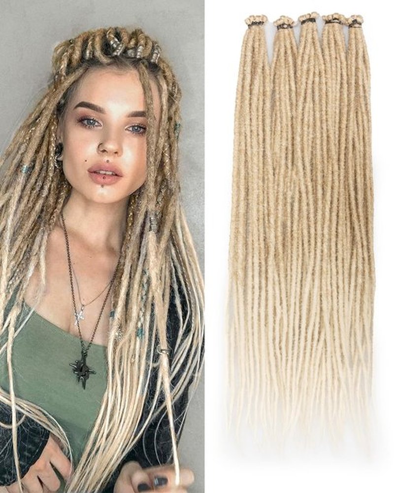 24 Inch Single Ended Dreadlock Extension for Women-(0.6 cm Width, 50 Strands,Ombre Blonde to Off-white),Faux Locs Crochet Hair,Soft Synthetic Loc Extensions(24"-5 Packs,T27/613#)