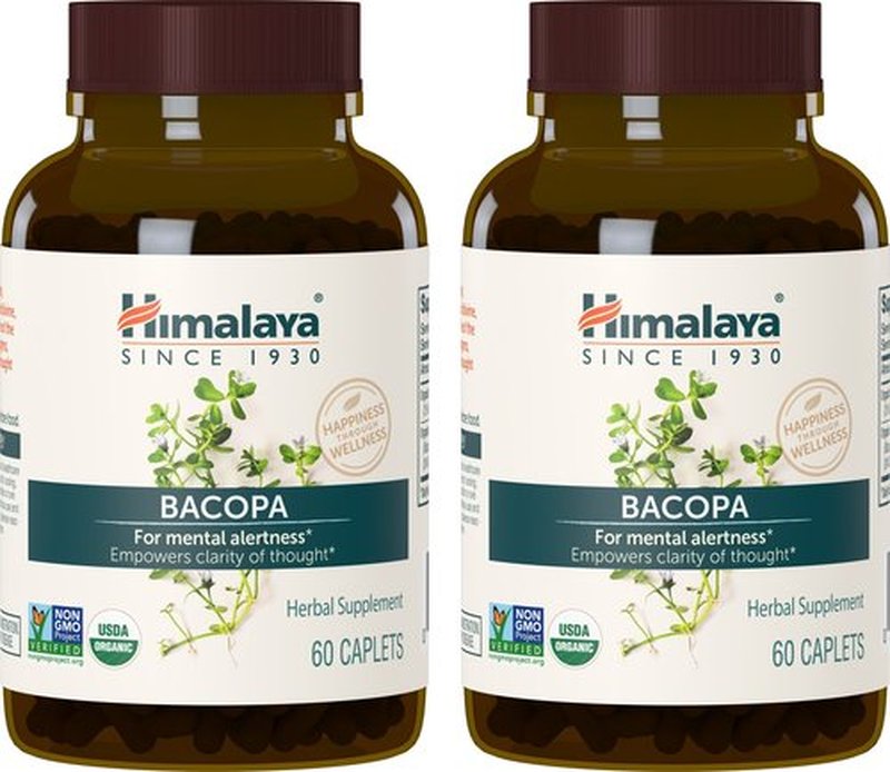 Himalaya Organic Bacopa Monnieri Nootropic Herbal Supplement, Mental Alertness, Supports Calm, Memory, Cognition, USDA Organic, Non-GMO, 750 mg, 60 Plant-Based Caplets, 2 Pack, 120 Day Supply