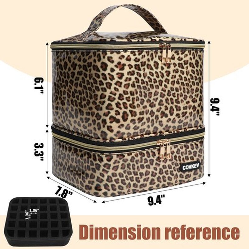 Covkev PU Leather Nail Polish Organizer Bag Holds 30 Bottles (15ml - 0.5 fl.oz) & Nail Lamp, Portable Nail Kit Storage Carrying Case, Double Layer Nail Supplies Organizer Handbag (Leopard)
