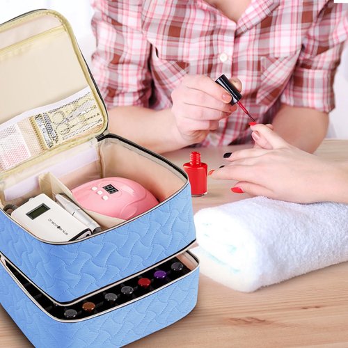 Nail Polish Organizer Case Holds 42 Bottles (15ml/0.5 fl.oz), Double-Layer Nail Polish Storage with Adjustable Dividers, Portable Nail Polish Bag for Nail Gel Nail Lamp and Manicure Tools, Light Blue