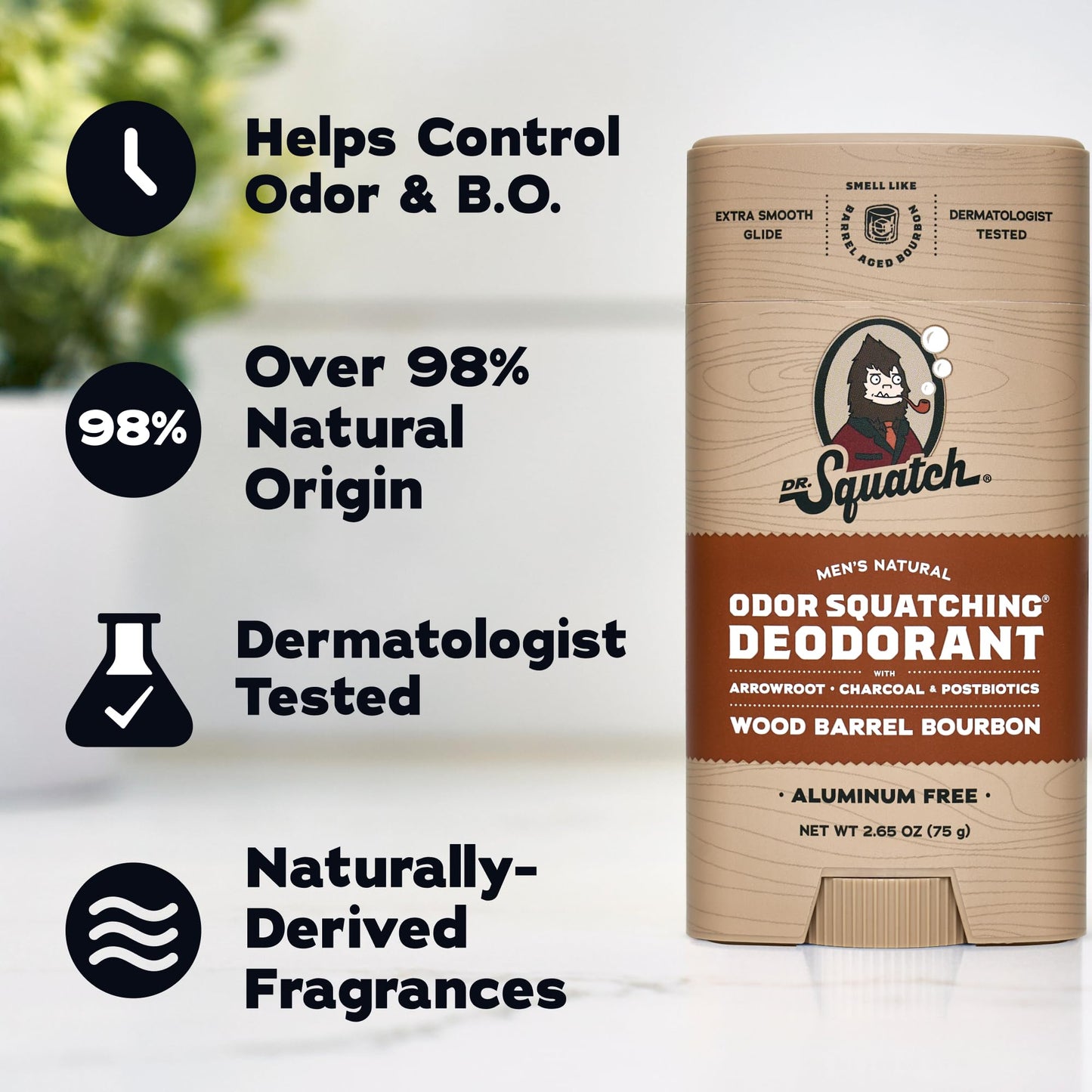 Dr. Squatch Natural Men’s Deodorant – Aluminum Free Natural Deodorant Men with Charcoal & Postbiotics for 72-Hour Odor Protection – Wood Barrel Bourbon, 2.65oz Stick (3-Pack)