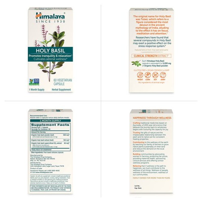Himalaya Holy Basil Tulsi Herbal Supplement, Stress Relief, Relaxation, Occasional Sleeplessness, Promotes Calm, Ayurvedic, Non-GMO, Vegan, 720 mg, 60 Capsules, 2 Pack