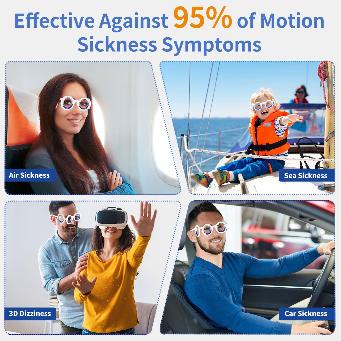 Hion Motion Sickness Glasses,Relieve Carsickness Airsickness Seasickness,Ultra-Light Portable Nausea Vertigo Glasses, No Lens Liquid Glasses for Adults or Kids(Bule)