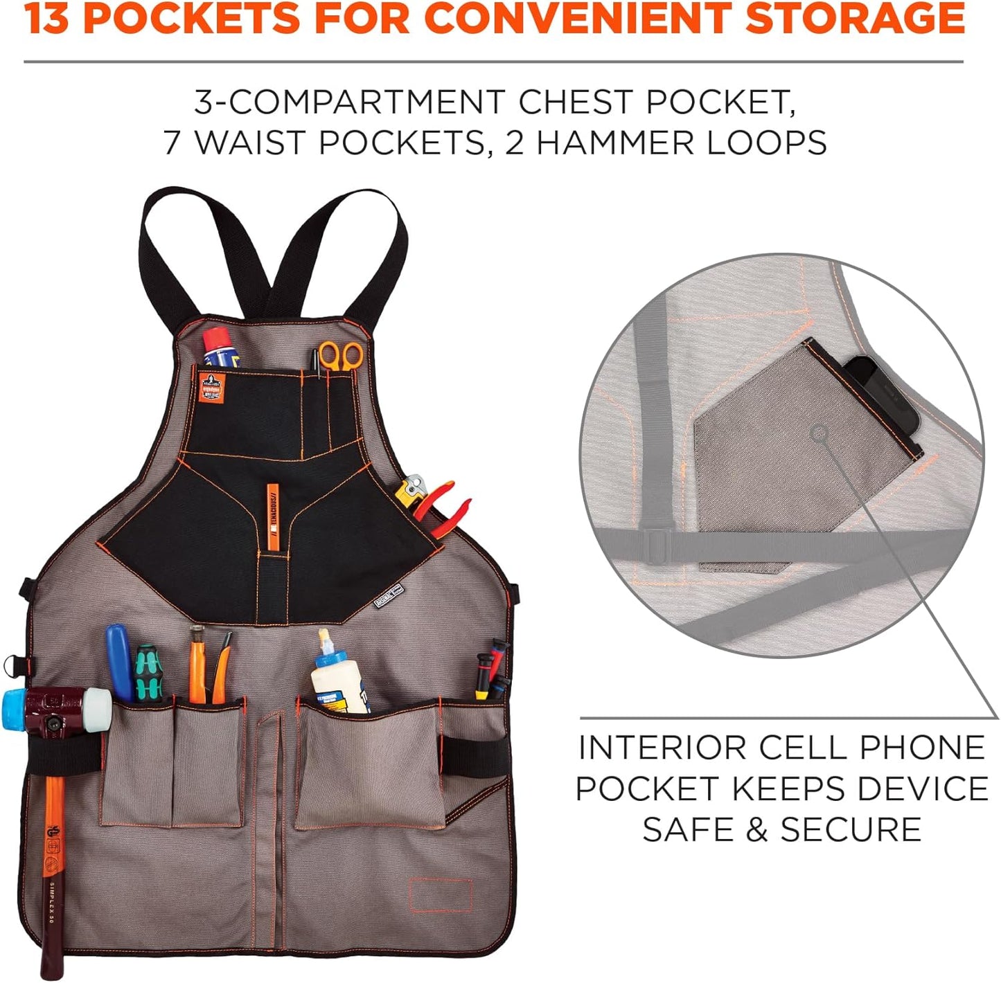 Ergodyne Full Length Tool Work Apron - 13 Pocket Gray Utility Apron for Professionals