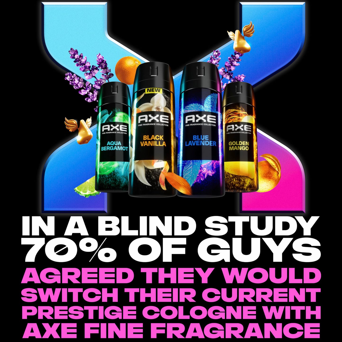 AXE Fine Fragrance Collection Premium Deodorant Body Spray for Men - Variety Pack - Blue Lavender, Aqua Bergamot, Golden Mango, & Black Vanilla - Pack of 4 72H Odor Protection, Aluminum Free, 4 oz