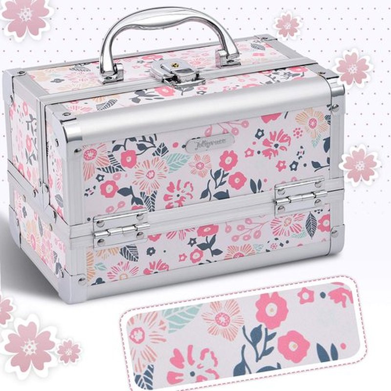 Joligrace Makeup Box Cosmetic Train Case Jewelry Organizer Lockable with Keys and Mirror 2-Tier Tray Portable Carrying Travel Storage Box for Girl - White Floral