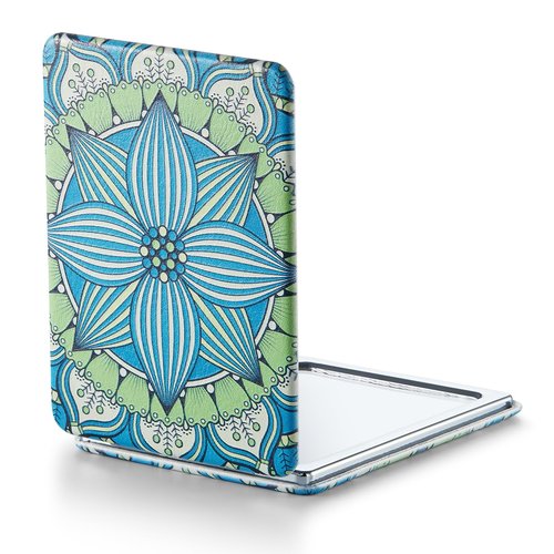 OMIRO 1X/3X Magnifying Mirror, Unique Painting Compact Mirror with Classical PU Leather, 2.4" W x 3.4" L (Green Flower Mandala)