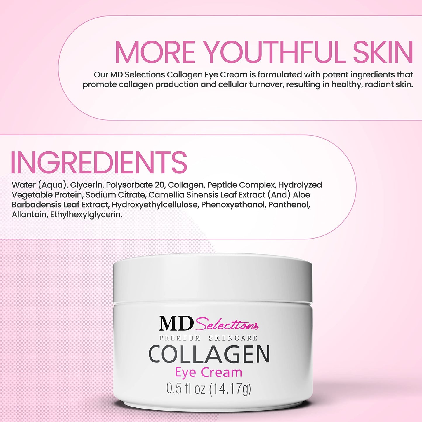 MD Selections Collagen Eye Cream with Hyaluronic Acid, Under Eye Cream for Puffiness, Under Eye Bags, Hydrating Under Eye Cream, Eye Skin Care, 0.5+0.5 Fl Oz (Pack of 2)